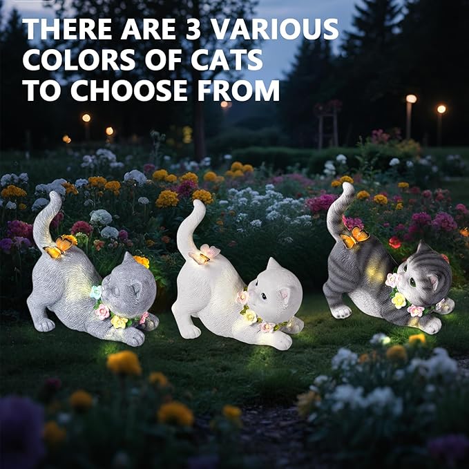 Solar Garden Statue Cat Figurine, Resin Solar Lights with Flower Decor for Outside, Yard Art Patio Balcony Lawn Decorations, Unique Gifts for Mom Grandma Women and Cat Lover (Gray)