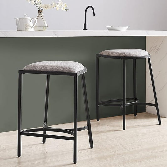 Crosley Furniture Ellery Upholstered Seat Counter Height Bar Stools Set of 2, Gray/Matte Black