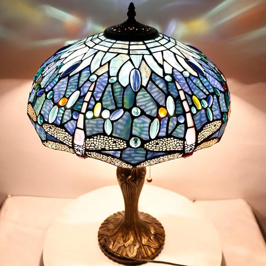 WERFACTORY Tiffany Lamp Blue Stained Glass Dragonfly Style Bedside Table Lamp 16X16X24 Inch Desk Reading Light Metal Base Decor Bedroom Living Room Home Office S631 Series