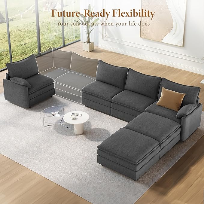 Vesgantti 142" U Shaped Sectional Couch, Comfy Cloud Modular Sectional Sofa with 2 Ottoman Deep Seat Chenille Modern Cloud Sofa, Modular Sofas for Living Room, Bedroom and Apartment, Gray | Sink-in Comfort, Height Adjustable, Easy Rearrangement, Extra-...