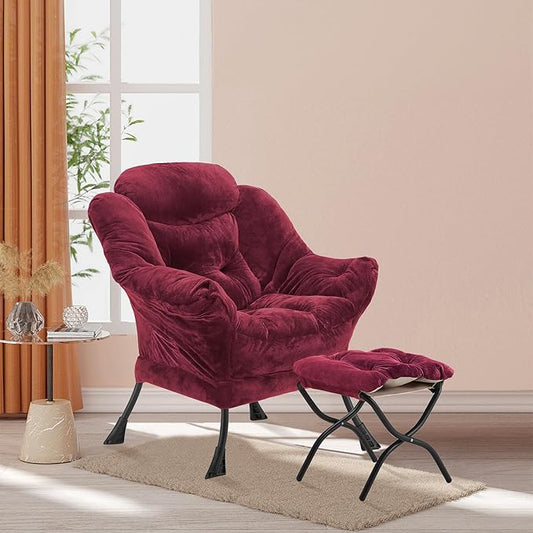 Lazy Chair with Folding Ottoman, Accent Chair Plush Upholstered with Metal Structure and Non-Slip Pads, Sofa Armchair with Footrest and Side Storage Bag for Dorm, Room, Office, Rose Red