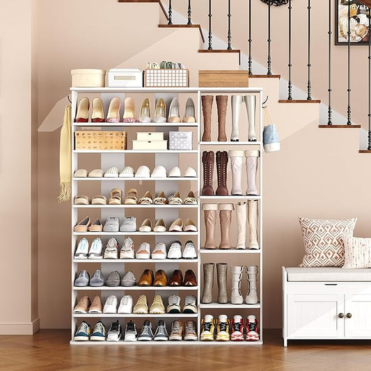 HOMEFORT 10 Tiers Shoe Rack, 50 Pairs Large Shoe Shelf, 61.8" Tall Shoe Tower, Freestanding Shoe Rack Organizer with Open Shelves, Wood Shoe Stand for Boot Storage, for Closet, Entryway, White