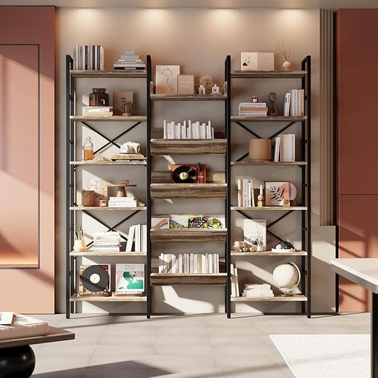 IRONCK Industrial Bookshelves 6 Tiers Triple Wide Bookshelf, Large Etagere Bookshelf Open Record Player Shelves with Metal Frame for Living Room Home Office