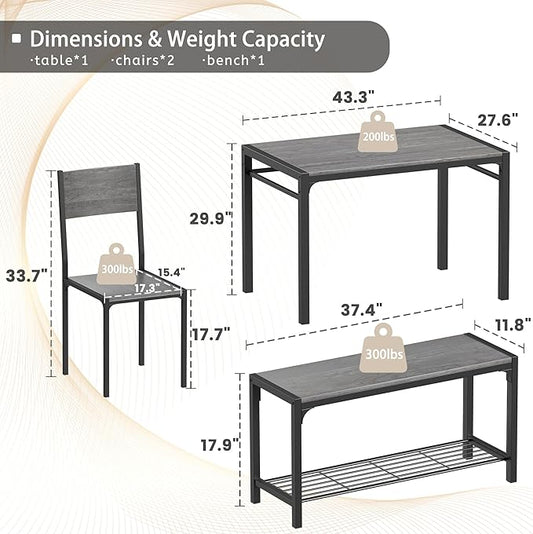 JUMMICO 43.3" Dining Table Set for 4, Kitchen Table with Bench & 2 Chairs Modern Rectangular Metal Frame Dining Furniture Set for Small Space (Grey)