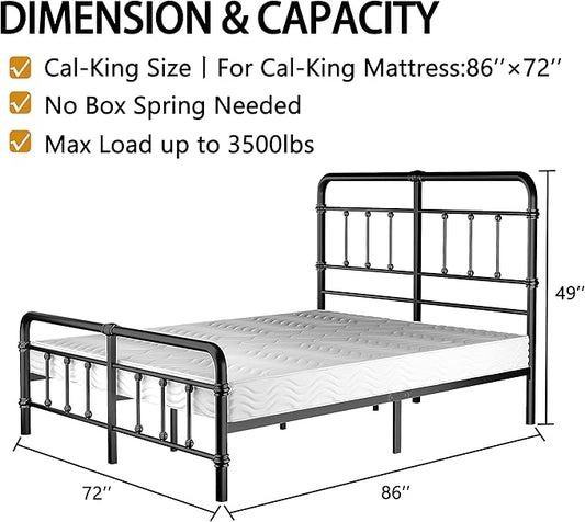 California-King-Bed-Frames and headboard Giselle-Vintage Antique-Metal - Iron Platform Mattress Foundation,49 inch High,No Box Spring Needed(Black)