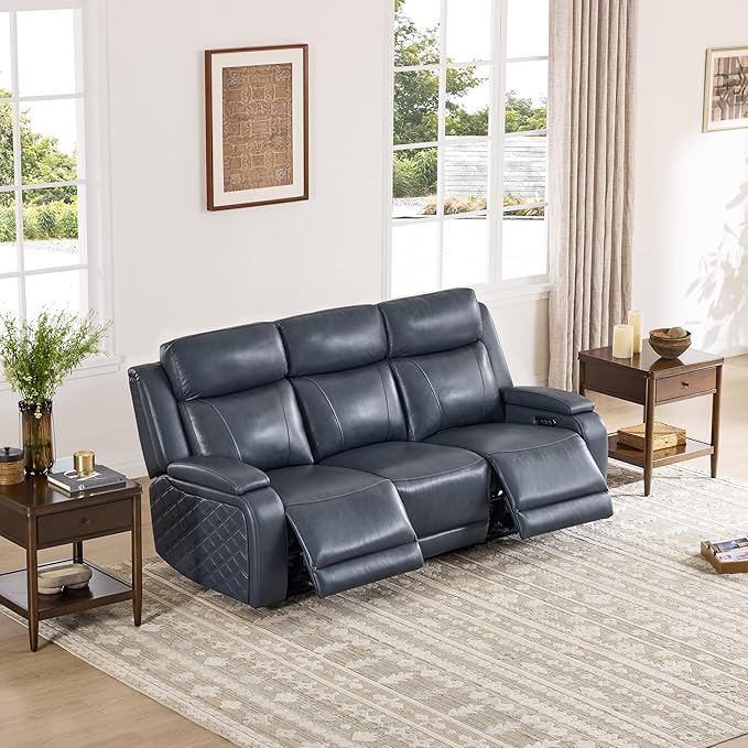 Watson & Whitely Genuine Leather Power Recliner Sofa and Loveseat Set, Zero Gravity Reclining Couch with Storage Console, Power Headrest & Wireless Charging, Cup Holders for Living Room, Navy Blue