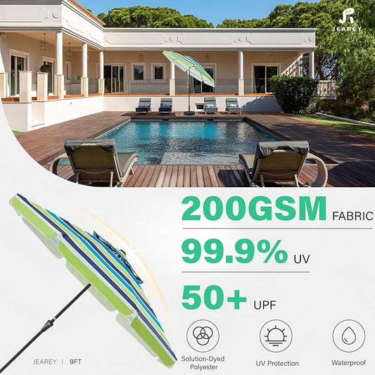 JEAREY 9' 2-Tiers Patio Umbrellas Outdoor Market Table Umbrella w/Push Button Tilt/Crank, 8 Sturdy Ribs, UV Protection Waterproof Sunproof(Bold Blue-Green Stripe)