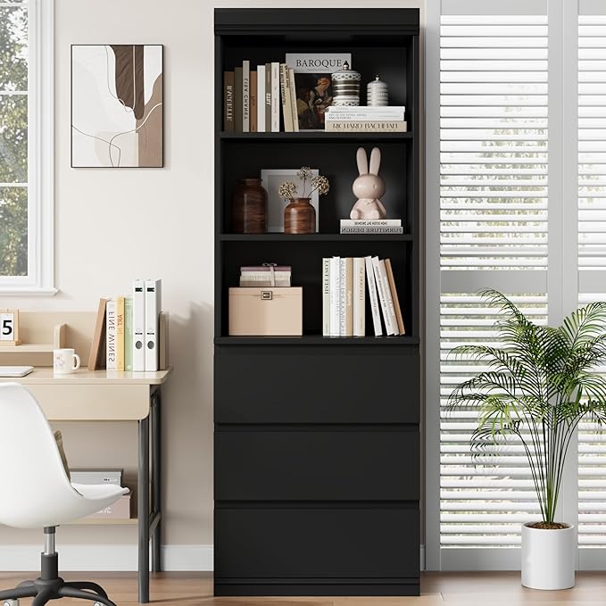 IDEALHOUSE 70" H Bookcase with 3 Storage Drawers,Tall Bookshelf w/ 3-Tier Open Shelf, Morden Storage Bookcase Wooden Deep Bookshelves Storage Cabinet Organizer for Library Office Living Room (Black)