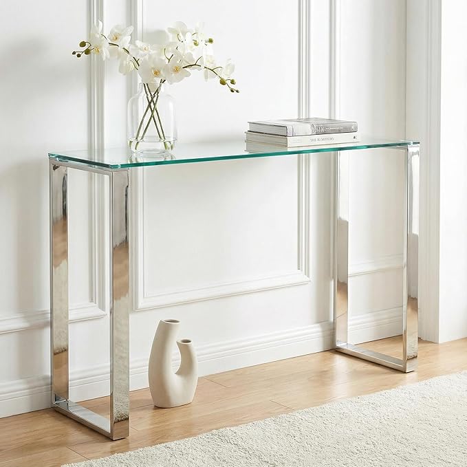 Cortesi Home Remi Contemporary Glass Console Table with Chrome Finish
