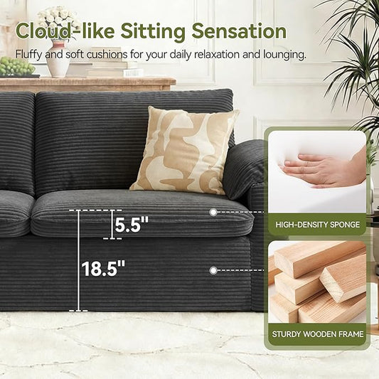 86" Loveseat Sofa Grey Corduroy Couch,Modern Cloud Sofa Love Seat, Deep Seat Slipcovered Sofa with 2 Wide Armrest Pillows for Small Spaces Apartment Studio Office Bedroom Living Room