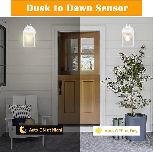 Dusk to Dawn Outdoor Wall Lantern, Exterior Waterproof Sconces Lighting Wall Mount, Front Porch Light, Anti-Rust Metal Outside Light Fixtures with Clear Glass, Matte White, 2-Pack
