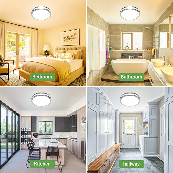 zemty 1Pack 13Inch Brushed Nickel LED Flush Mount Ceiling Lights, Dimmable 3000K-6500K, 24W 2400LM Damp-Rated Stainless Steel Light Fixture for Kitchen Bathroom Bedroom Closet Laundry