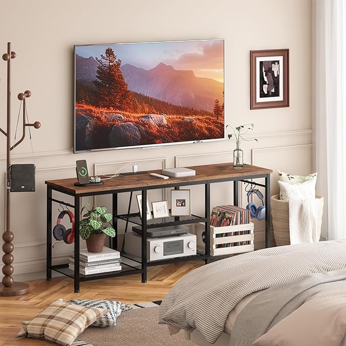 YGEOMER Entertainment Center for 55 50 45 43 40 32 Inch TVs, TV Stand with Power Outlet and Open Storage Shelves, TV Media Console Table for Living Room and Bedroom, Rustic Brown