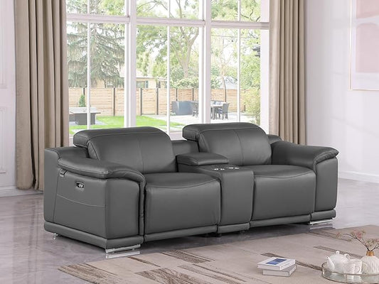 BlackJack Furniture Venice Top Grain Italian Leather Power Recline Loveseat Sofa - 93" Theater Seating Modern Couch for Living Room Apartment Home with Adjustable Headrests & USB Port, Dark Grey