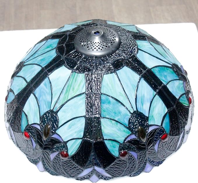WERFACTORY Tiffany Style Lamp Green Liaison Stained Glass Bedside Table Lamp 16X16X24 Inches Desk Light Metal Base Decor Bedroom Living Room Home Office S160G Series Teal Purple