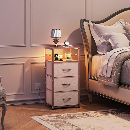 WLIVE Nightstand with Charging Station, 31.9" H Nightstand with 3 Fabric Drawers, LED Bedside Table with USB Ports and Outlets, End Table for Dorm, Bedroom, Entryway, Pink
