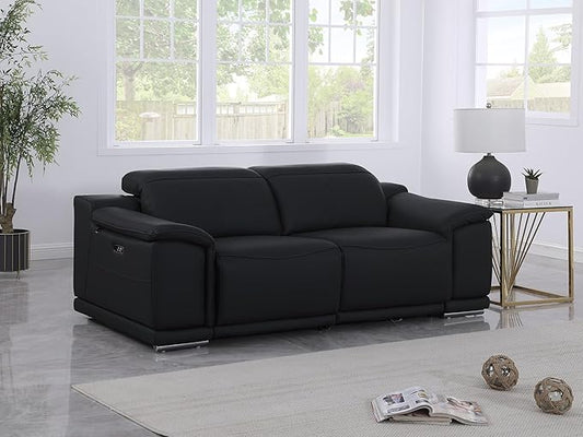 Blackjack Furniture Venice Top Grain Italian Leather Power Recliner Loveseat Sofa - 80" Theater Seating Modern Couch for Living Room Apartment Lounge Home with Adjustable Headrests & USB Port, Black