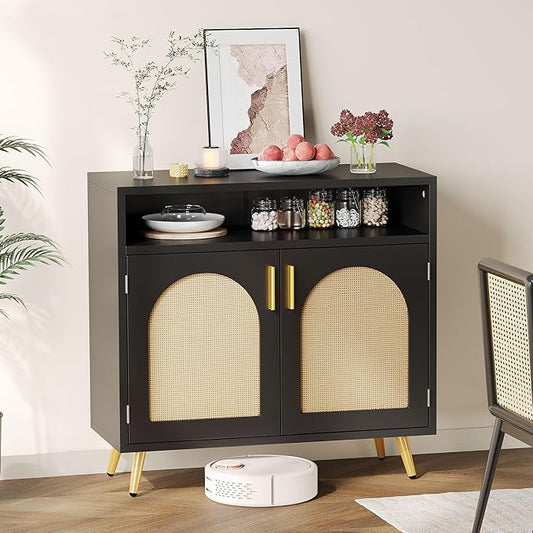 YITAHOME Buffet Cabinet with Storage, Storage Cabinet with Rattan Decor Doors and Adjustable Shelves for Hallway, Living Room, Black