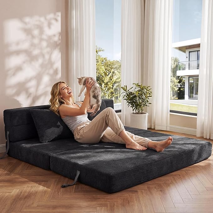 YITAHOME Convertible Folding Sofa Bed, Chair Bed Sleeper with Cushions, Corduroy Fabric Fold-Out Floor Couch, Foldable Mattress for Living Room, Bedroom, Dorm, Guest Room, Queen Size, Black