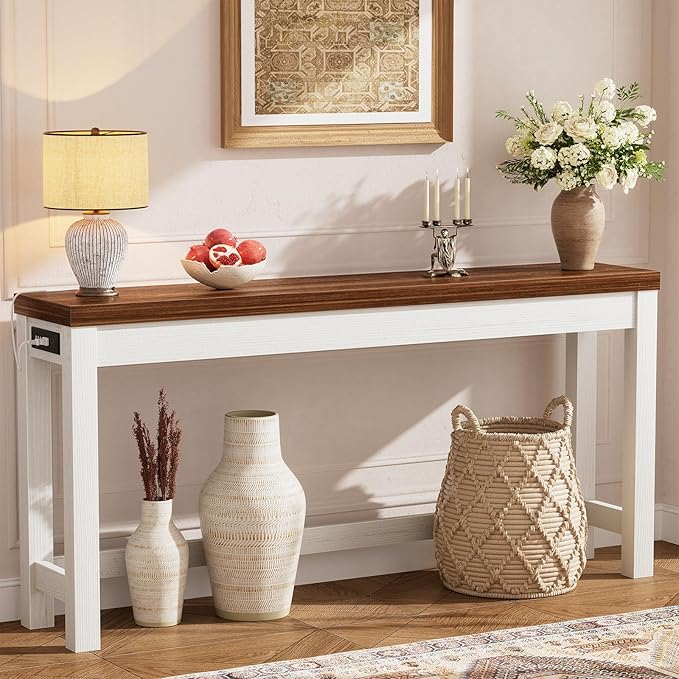 Cyclysio 63" Console Tables for Entryway, Long Console Tables for Living Room, Behind Couch Table, Sturdy Wood Support Farmhouse Entryway Table with 3AC+2USB Charging Station, Rustic Oak