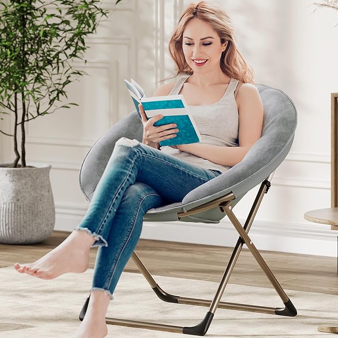 GAOMON Saucer Chair, Comfy Chair Faux Fur Lounge Moon Chair with Folding Metal Frame, Oversized Plush Flower Accent Seat for Adults, Teens & Kids, for Teens, Bedroom, Dorm or Living Room, Grey
