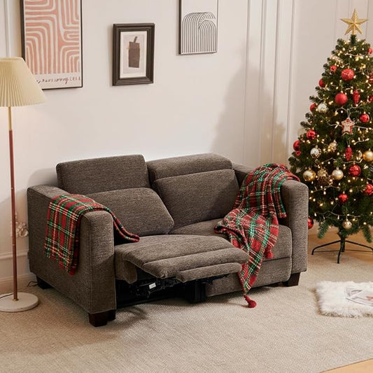 MCombo 62.2'' Reclining Loveseat, Wall Hugger Power Loveseat Recliner Sofa with Adjustable Headrest, USB A & C Charge Ports, Wood Legs, for Living Room (Fabric HL198M1)(Coffee)