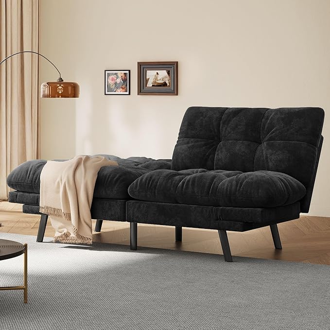 YITAHOME Futon Sofa Bed with 3-Position Adjustable Backrest & Armrests, Upholstered Loveseat Couch Bed, Expandable Foldable Design for Living Room, Bedroom, Small Apartments, Black