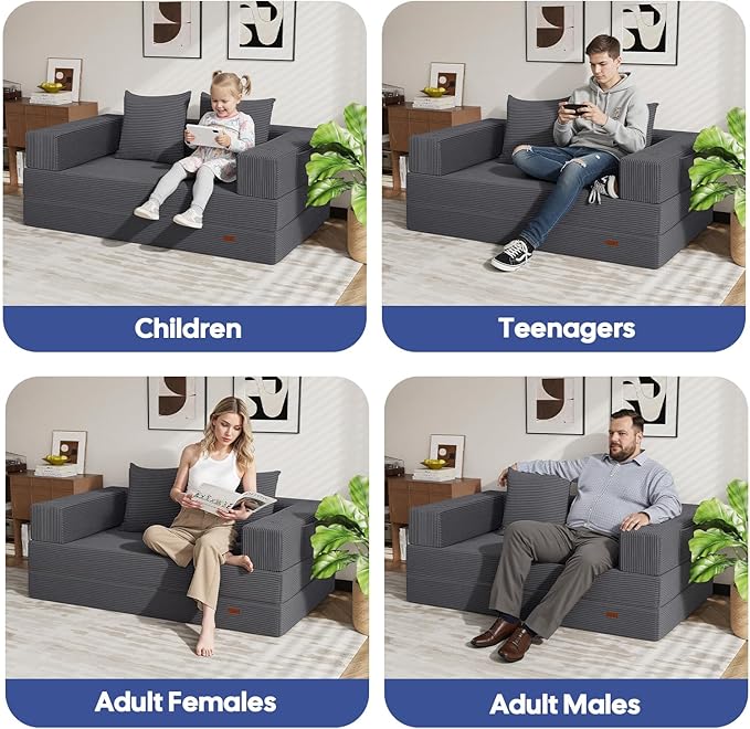 COMAX Futon Sofa Bed, 4‑in‑1 Convertible Sofa Bed, Folding Boneless Couches for Living Room, Fold Out Small Foldable Loveseat Floor Sleeper Comfy Mattress Lounge Space‑Saving, Grey