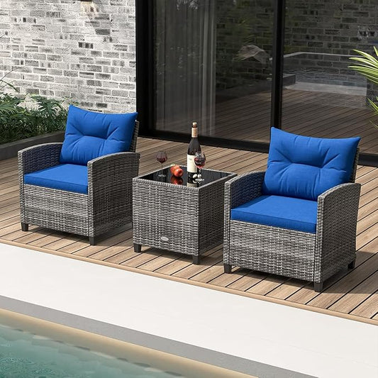 LDAILY Patio Furniture Set, 3 Pieces PE Rattan Wicker Patio Sofa Chairs with Washable Cushion & Glass Table, Outdoor Furniture Conversation Sets for Porch, Balcony, Garden, Poolside (Navy)