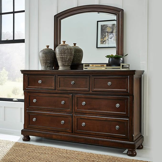 Signature Design by Ashley Porter Traditional Smooth-Gliding 7-Drawer Dresser and Mirror with Safety Stop, Felt-Lined Top Drawers and Pull-Out Tray, Dark Brown