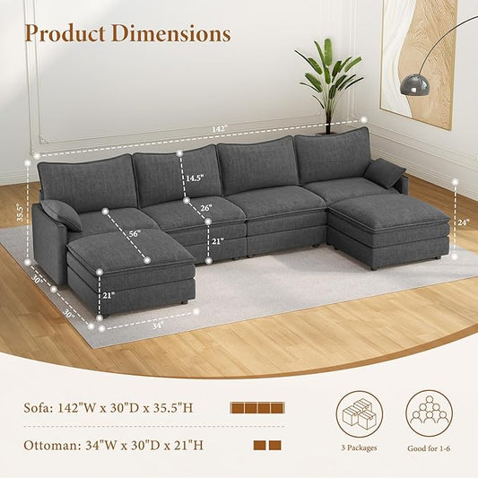 Vesgantti 142" U Shaped Sectional Couch, Comfy Cloud Modular Sectional Sofa with 2 Ottoman Deep Seat Chenille Modern Cloud Sofa, Modular Sofas for Living Room, Bedroom and Apartment, Gray | Sink-in Comfort, Height Adjustable, Easy Rearrangement, Extra-...