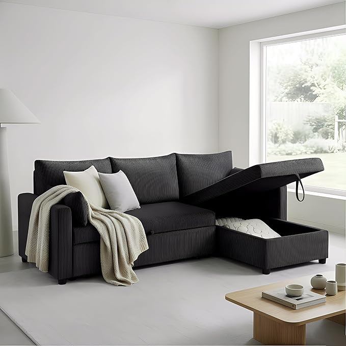 Sectional Sleeper Sofa with Pull Out Bed, L Shape Convertible Sofa Bed Couch with Storage Chaise, 3 in 1 Pull Out Sofa Bed with 3 Seats for Living Room,Apartment, Black, 85Inch