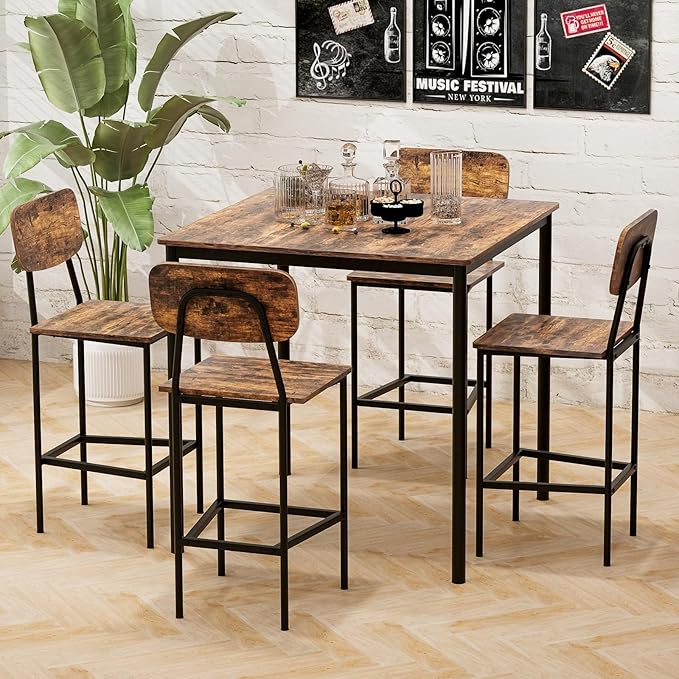 GOFLAME 5-Piece Dining Table Set for Small Space, Kitchen Table and Chairs Set for 4 with Steel Frame, Square Breakfast Table Set, Industrial Counter Height Table Set for Home Restaurant, Rustic Brown