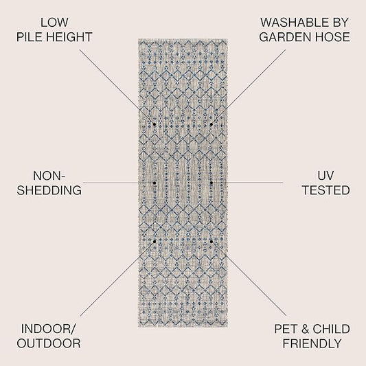 JONATHAN Y Moroccan Geometric Indoor Outdoor Runner Rug 2X20 Light Gray/Navy, Ourika Textured Weave for Backyard, Patio, Porch, Easy-Cleaning, High Traffic, Pet-Friendly, Non-Shedding (SMB108A-220)