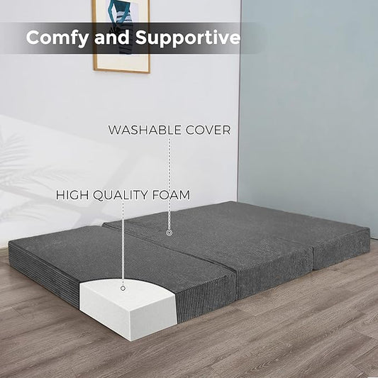 BYBYME Corduroy Tri-Folding Mattress, 6 Inch Folding Mattress Topper, Foldable Soft Guest Bed Camping Pad, with Washable Cover (Dark Grey, Queen)