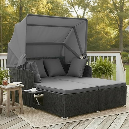 Tangkula Patio Rattan Daybed with Retractable Canopy, Outdoor Wicker Sunbed Lounger with 2 Foldable Side Tables, Thick Seat & Back Cushions, Outside Double Daybed for Garden, Backyard, Porch (Grey)