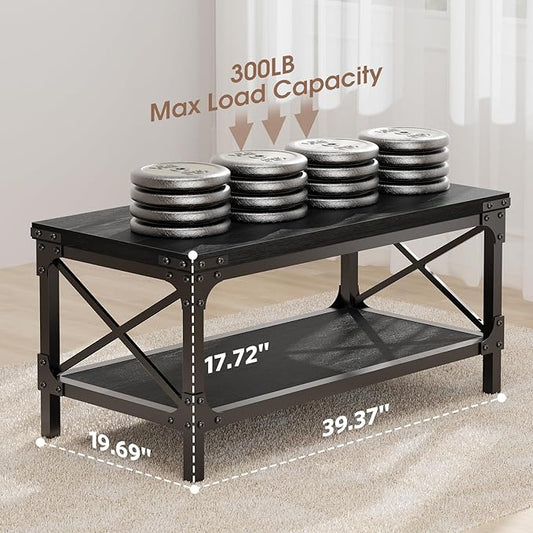 Rectangle Coffee Tables for Living Room, Wood Rectangular Coffee Table, 2 Tier Industrial Modern Center Table with Thickened Tabletop and Metal Frame, 47 inch Long (Black)