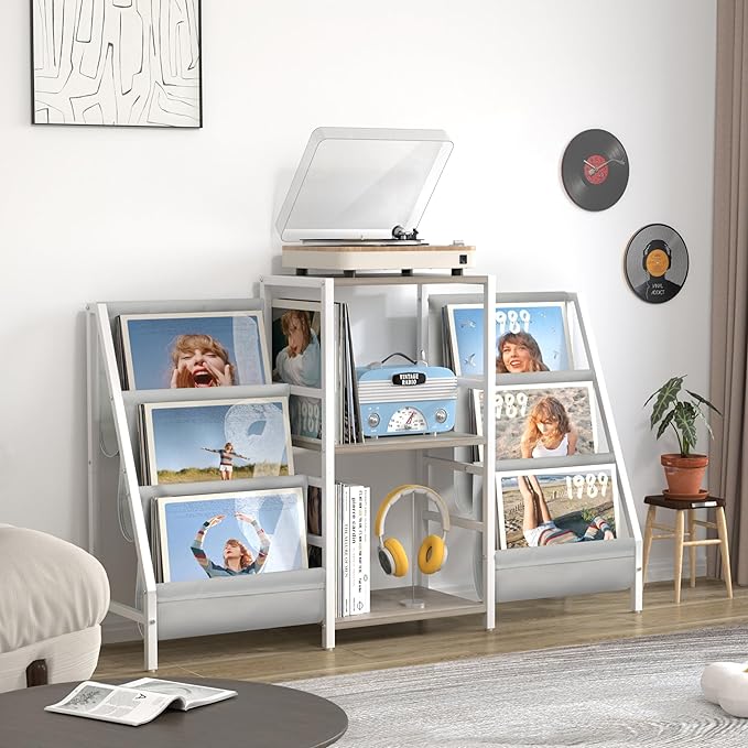 Record Player Stand with Vinyl Storage, Record Player Table with Record Storage 200 Albums, Turntable Stand with Record Holder Vinyl Display Shelf, Record Cabinet Media Stereo