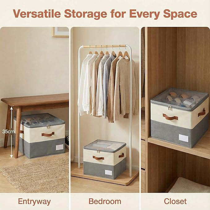 Shoe Organizer for Closet, Foldable Shoe Rack with Clear Cover, Adjustable Dividers for 16 Pairs, Storage Cubby for Wardrobe, Beige & Grey