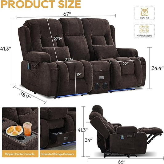 IPKIG Power Recliner Sofa with Flip-Up Backrest Console, USB & USB-C Ports, AC Outlet, LED Lights, Wall Hugger Recliners for Living Room, RV (Dark Brown, 67" - 3 Seat) | Velvet Fabric, Zero Gravity, Dual Reclining, 2 Lumabr Pillow, Bluetooth Speakers