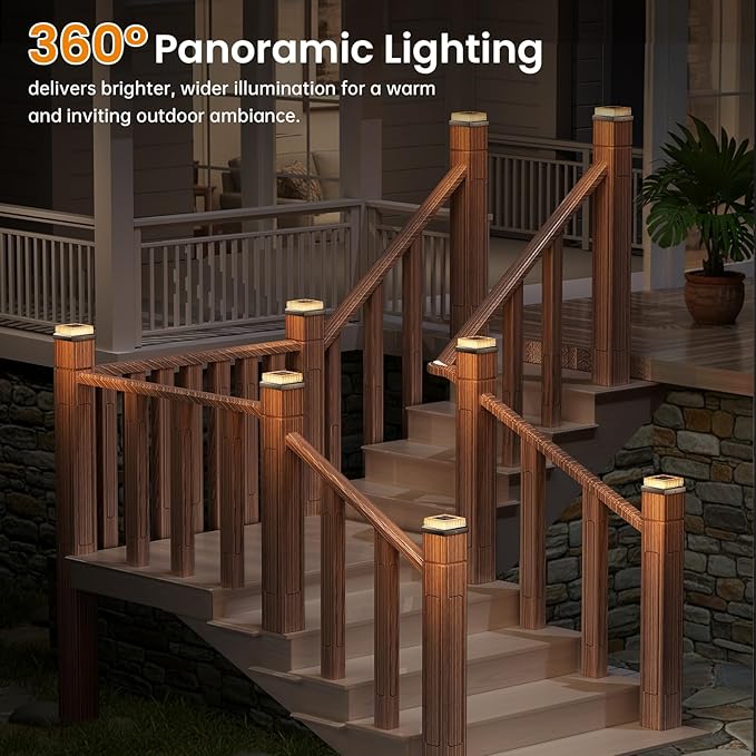 APONUO Solar Post Cap Lights, 8-Pack Fence Post Solar Lights with 20 Lumens 3-Sided Panoramic Glow, IP65 Waterproof Fence, Deck, Patio, Garden Decor, Easy No-Tool Install for 4x4 Posts, Black