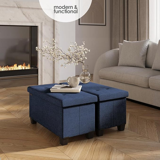 Storage Ottoman Bench with Bins, 30-in Storage Bench for Bedroom End of Bed, Folding Foot Rest Ottoman for Living Room Max 660lbs, Fabric Ottomans, Blue