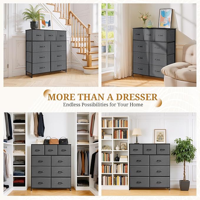 Dresser with 9 Drawers for Bedroom, Fabric Clothes Cabinet for Closet, Anti-Tip Storage Dresser with Metal Frame for Living Room, Entryway, Dorm, Grey