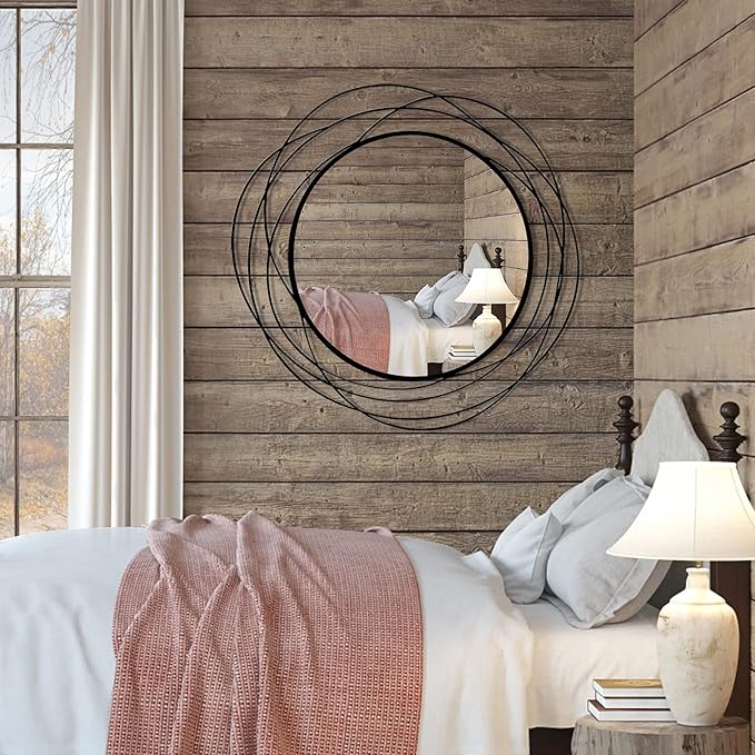 Round Wall Mirror - 26.8" Large Black Circle Mirror for Wall with Art Decorative Durable Metal Frame, Modern Hanging Mirror for Bathroom Over Sink, Bedroom, Entryway, Vanity or Living Room