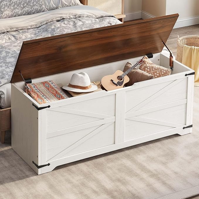DWVO Wooden Storage Bench, Farmhouse Storage Chest with Safety Hinges, Entryway Shoe Organizer, Multi-Use Storage for Living Room/Bedroom, 47.2" L, White and Walnut