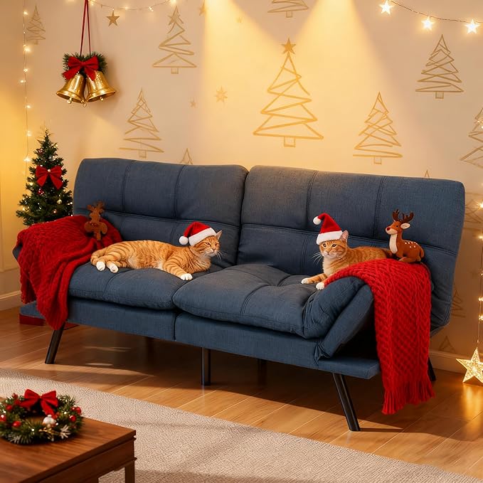 Opoiar Futon Sofa Bed Convertible Memory Foam Blue Couch Bed Futon Sets Folding Modern Sleeper Sofa Gray Loveseat for Studio,Drom,Apartment,Game Room and Small Space