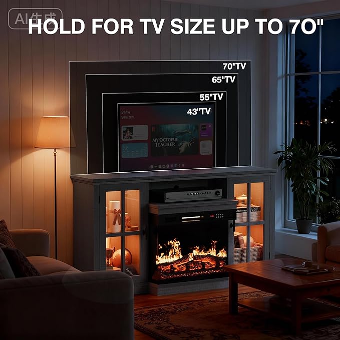 YESHOMY Glass Fireplace TV Stand for Televisions up to 65", Media Entertainment Center Console Table with Led Lights, Light Grey