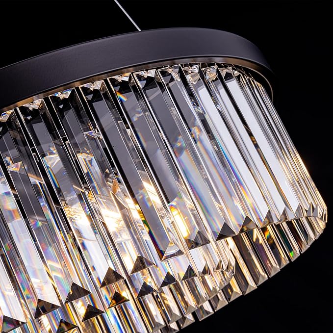 Wellmet Modern Crystal Chandelier for Dining Room, 6 Lights Black Farmhouse Crystal Pendant Light, Vintage Ceiling Lighting Fixture for Kitchen Island, Living Room, Bedroom, Hallway, Foyer, W-21.65”