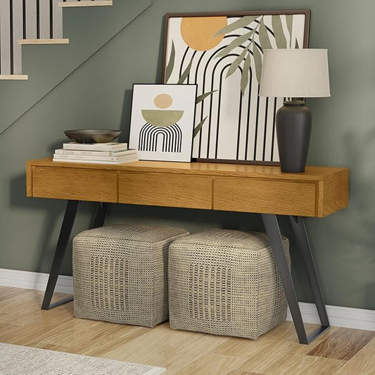 SIMPLIHOME Lowry Console Table - 60 Inch Wide Solid Oak Veneer and Metal Sofa Table in Oak, Modern Industrial Storage Table for Entryway or Living Room with 3 Drawers and Angled Metal Legs