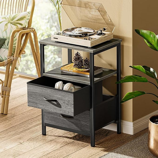 Huuger Night Stand Set of 2, Nightstand with 2 Drawers, Bed Side Table with Open Shelf, Wooden Top, End Table, Fabric Drawer, for Bedroom, Gery